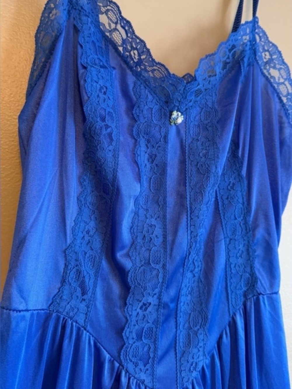 Vintage 80s Lady Cameo Royal Blue Nylon Lace Lounge Jumpsuit M - Picture 5 of 10